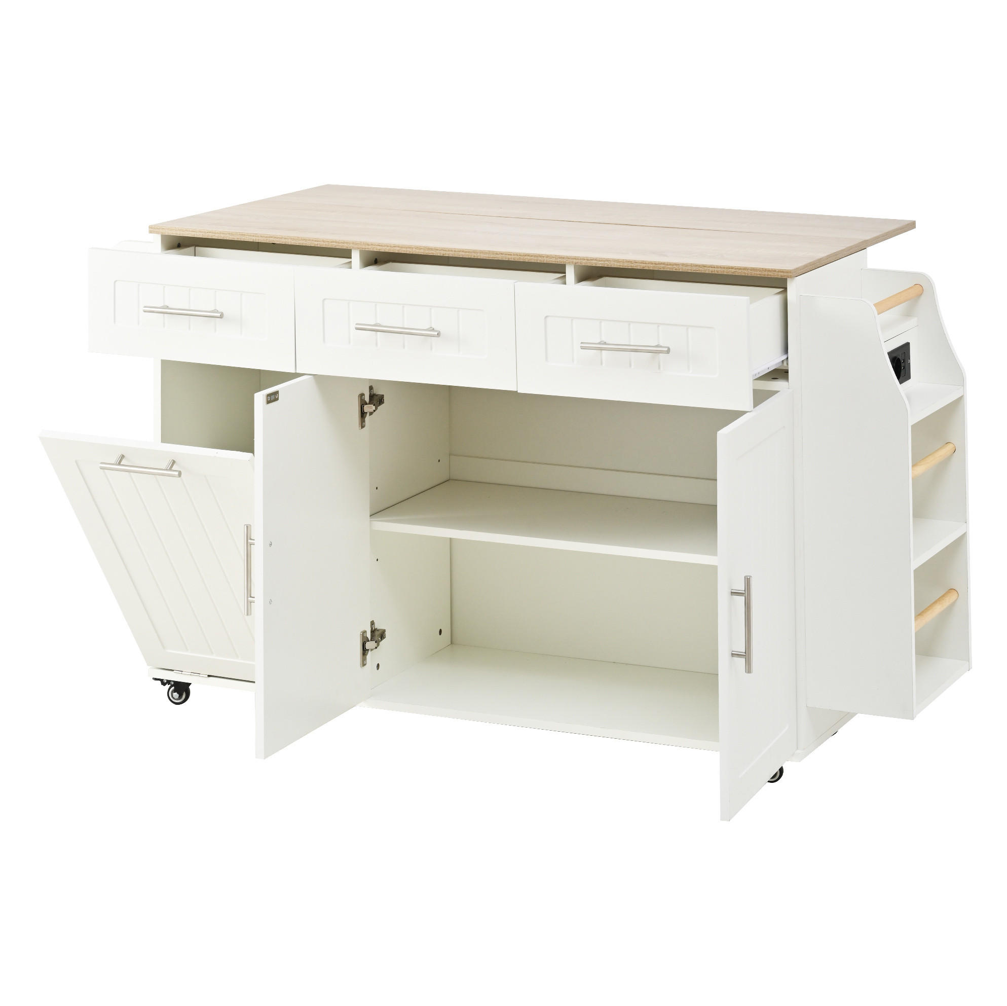 KÜCHENINSEL 120/40(70)/90 cm mit Auszugsplatte, Steckdosen, Abfallfach und Rollen, MDF, Weiß - Weiß, Holzwerkstoff (120/90/70cm) - Redom