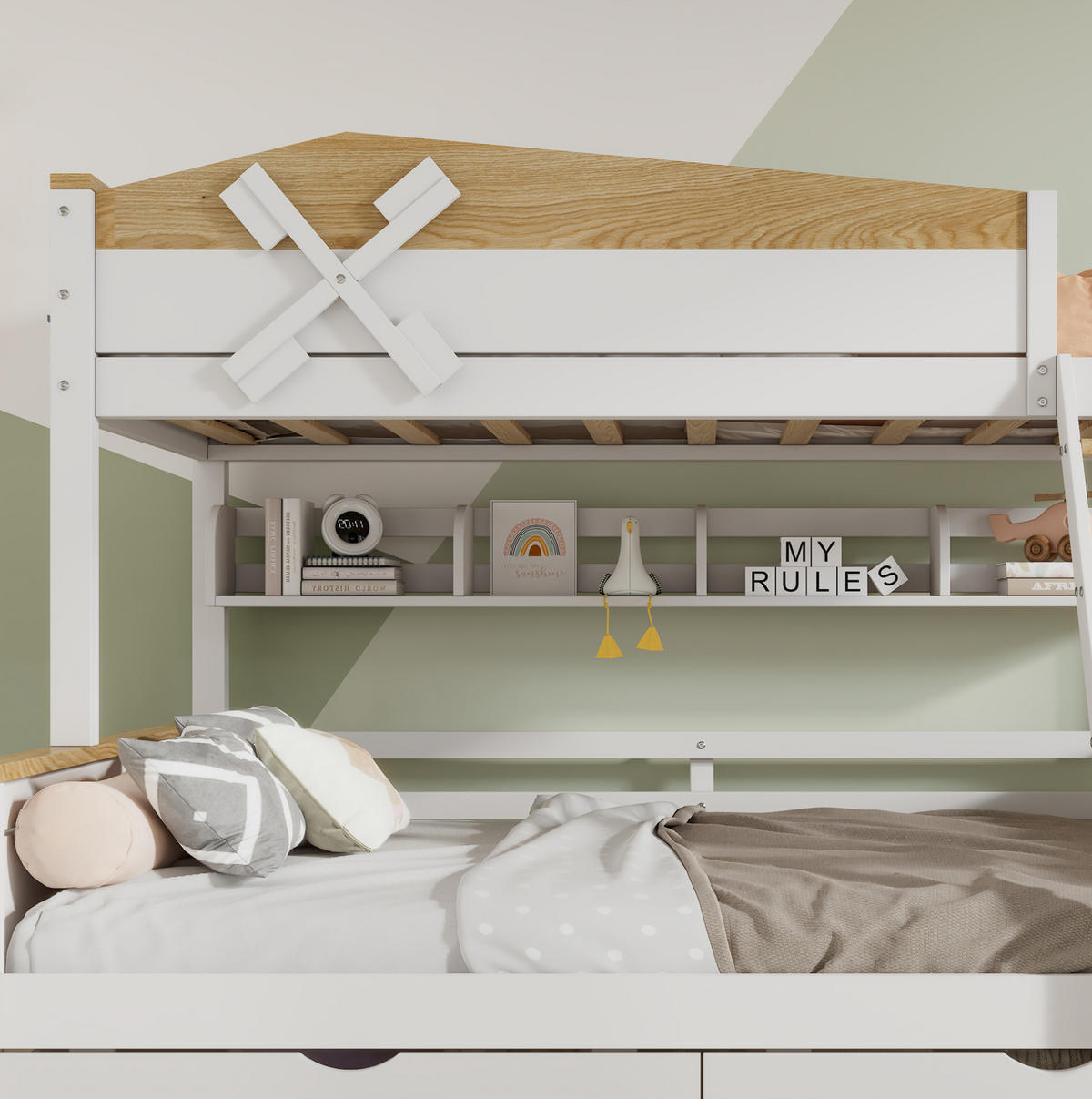 ETAGENBETT 90/200 & 140/200 cm aus Kiefer und MDF mit Windmühle, Regalen und Schubladen Weiß/Natur - Weiß, Holzwerkstoff (90/200cm) - Modenvie