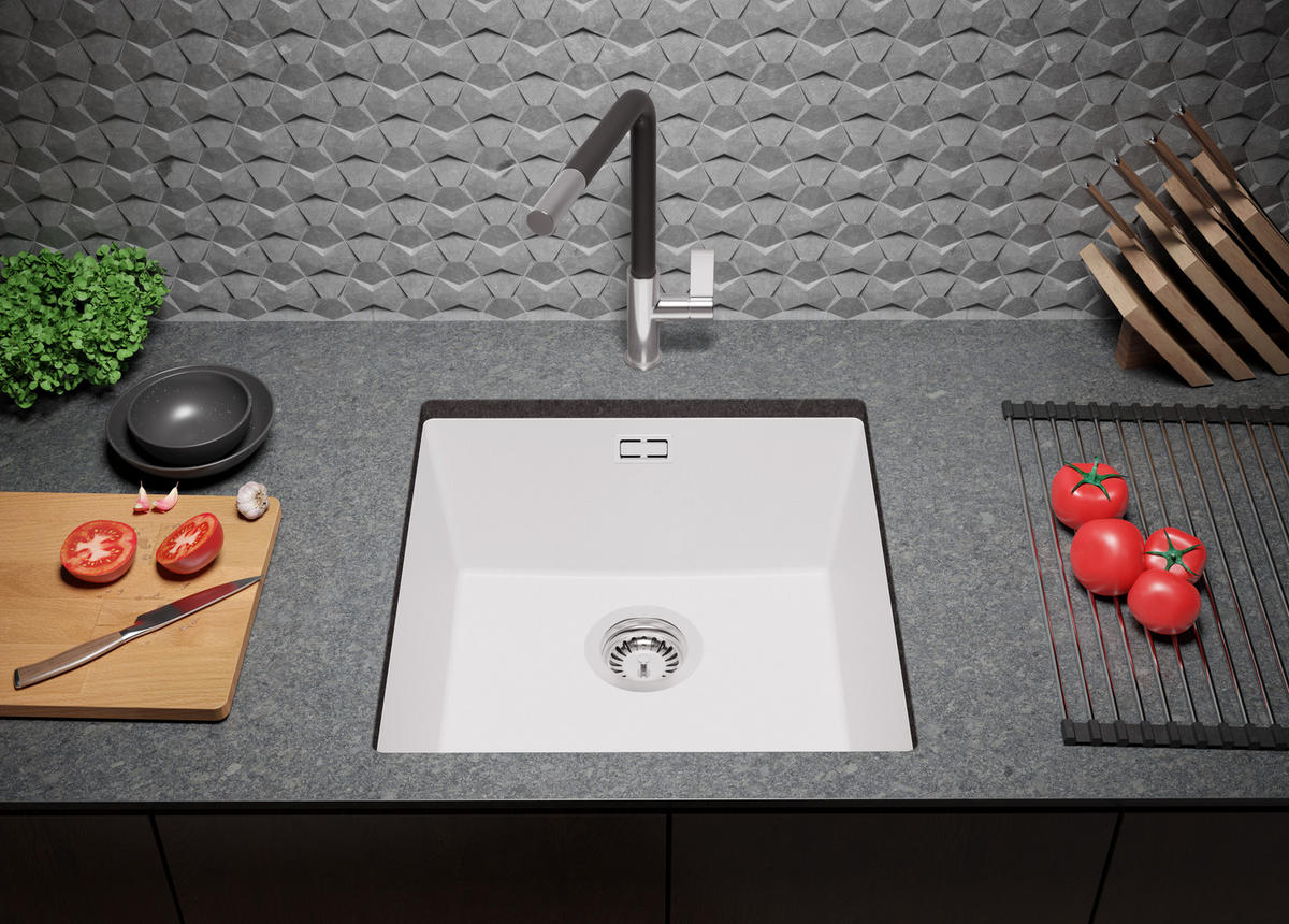 UNTERBAUSPÜLE GRANIT London, 2-er set Weiß 46/47 cm 1 Becken + Küchenarmatur 40/20 cm + Ablauf-Set ab 50er Unterschrank - Chromfarben/Weiß, Kunststoff (46/20/47cm) - Primagran