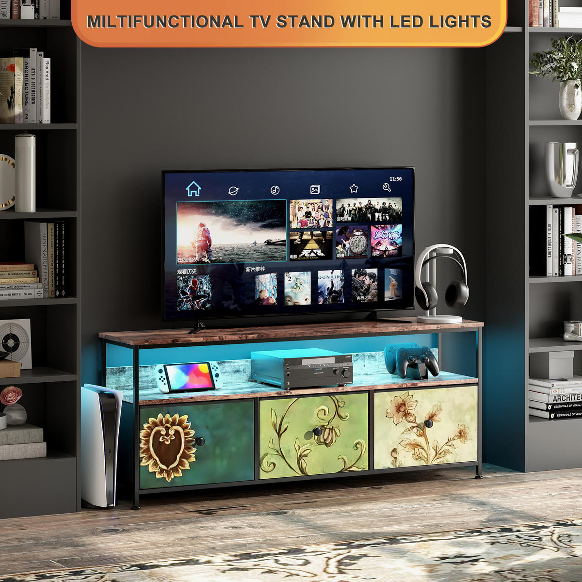 TV-SCHRANK, TV Board mit LED, 137 cm, Fernsehtisch mit 3 Stoffschublade - Multicolor, Holz (30/57/137cm)