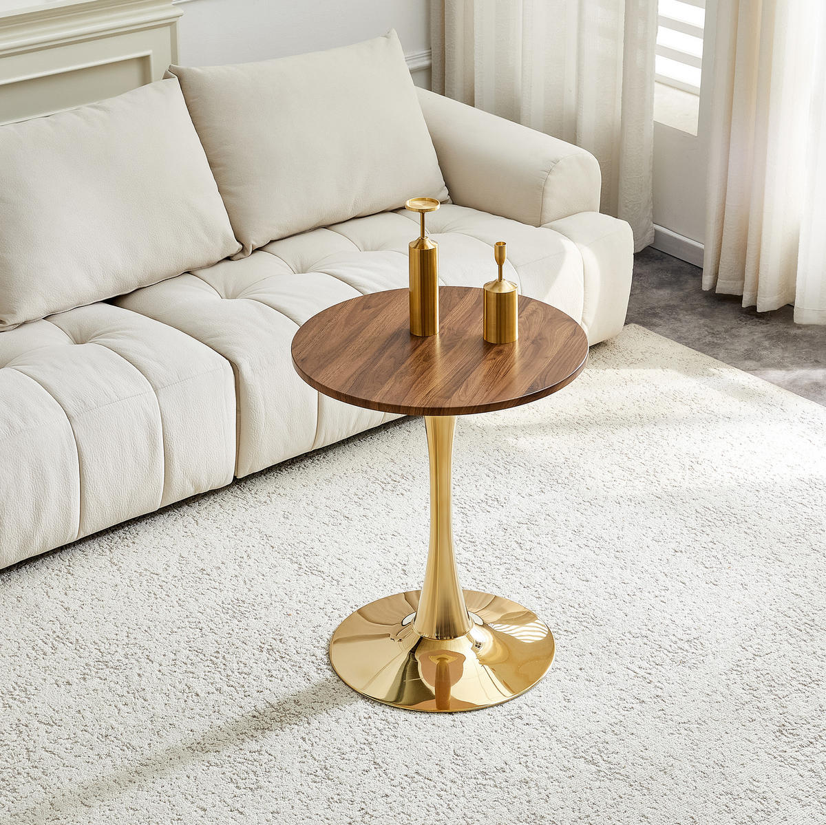ODKLÁDACÍ stolek 60/60/72 cm ořechová a zlatá z MDF a kovu s kulatou deskou - zlatá, kompozitní dřevo (60/60/72cm) - OKWISH