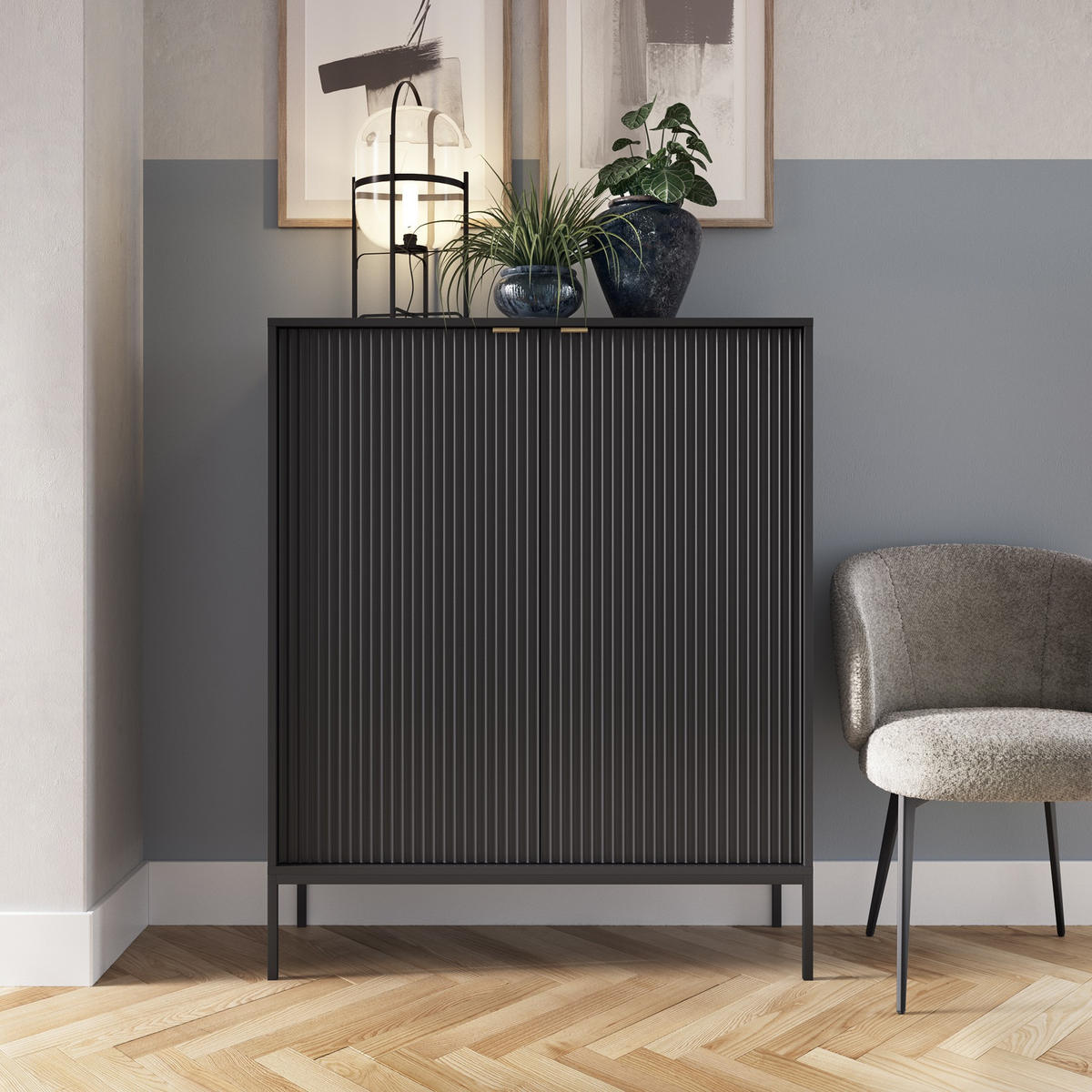 SCHWARZE Moderne Geriffelte Hochkommode KIOTO KW2D (Schwarzes Gestell, Soft-Close Türen) - Goldfarben/Schwarz, Holz/Holzwerkstoff (104/125/39cm) - Ravio