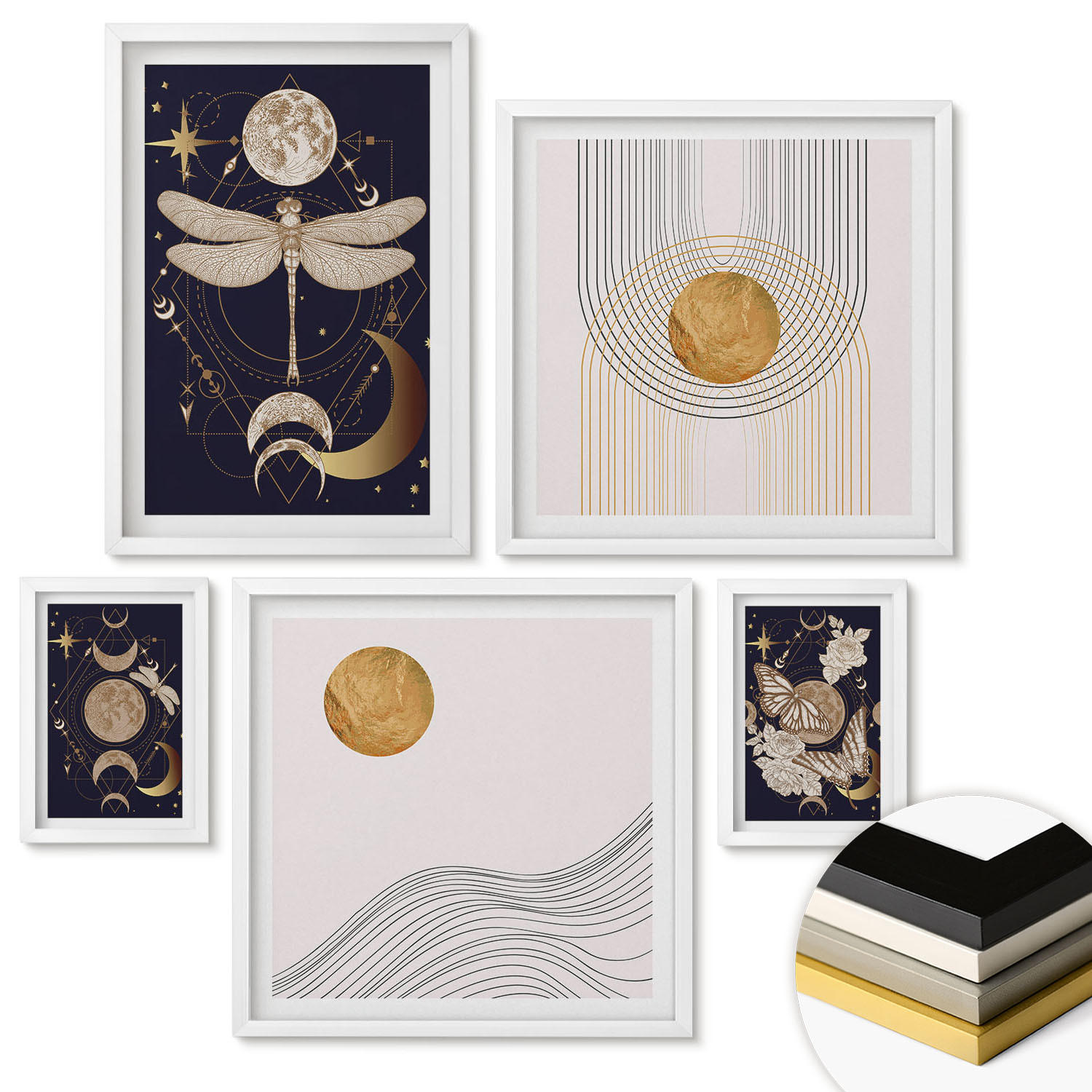 WANDBILDER 5er-Set - 50x50 cm & 20x30 cm & 40x60 cm Weißer Rahmen - Naturmotive mit dem Mond - Weiß, Kunststoff (40/60cm) - ArtPrintCave