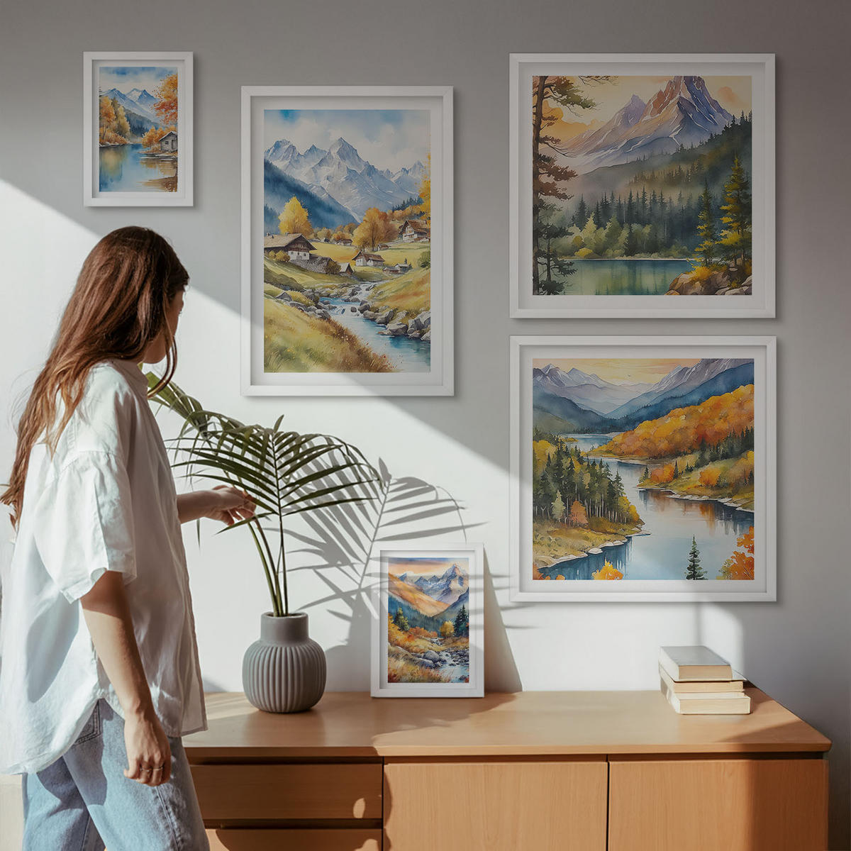 BILDER SET 5er Set - 50x50 cm & 20x30 cm & 40x60 cm Weißer Rahmen - Bergblick, Fluss, Herbst - Weiß, Kunststoff (40/60cm) - TULUP