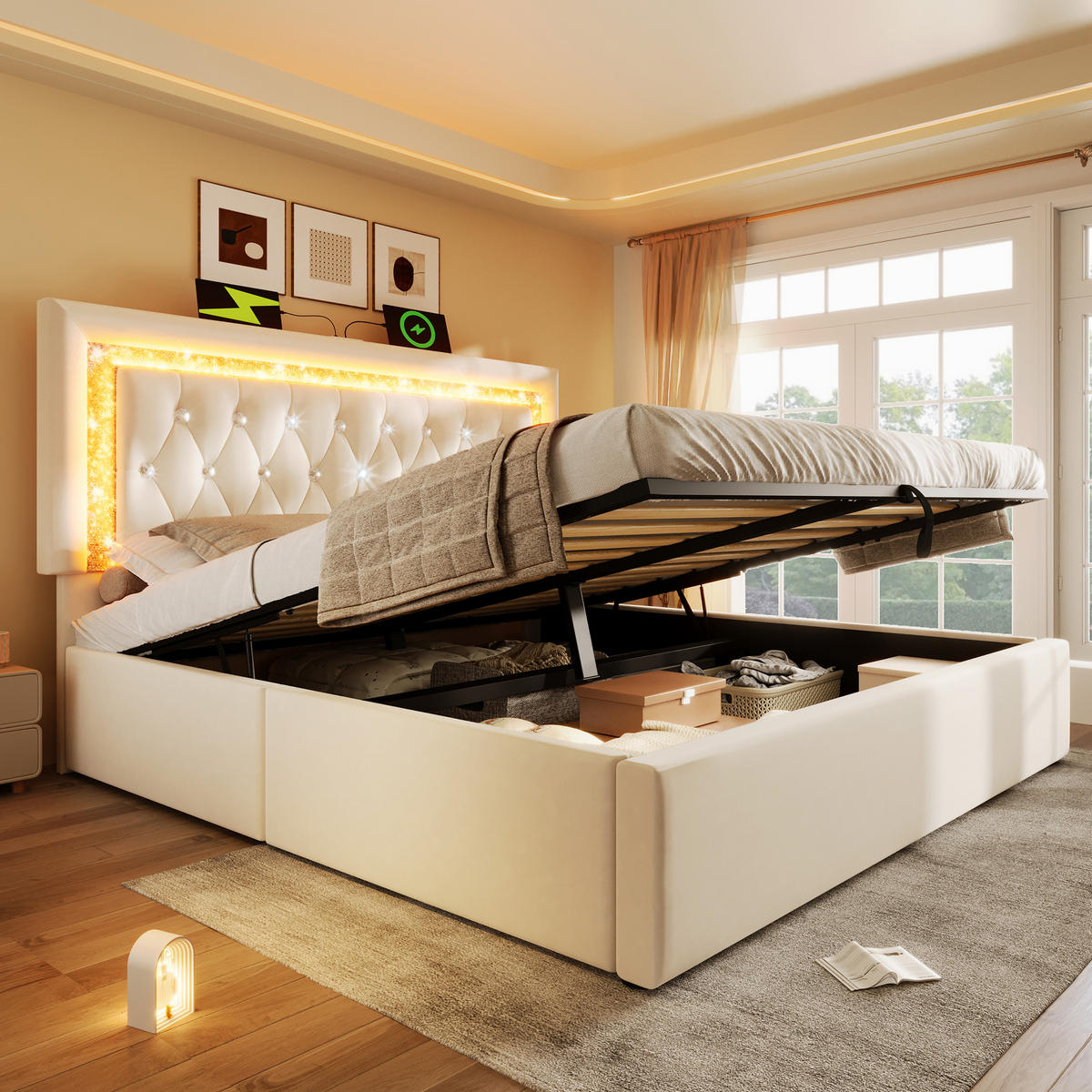 POLSTERBETT 140/200 cm Beige aus Samt mit LED-Beleuchtung und Stauraum - Beige, Textil (140/200cm) - OKWISH