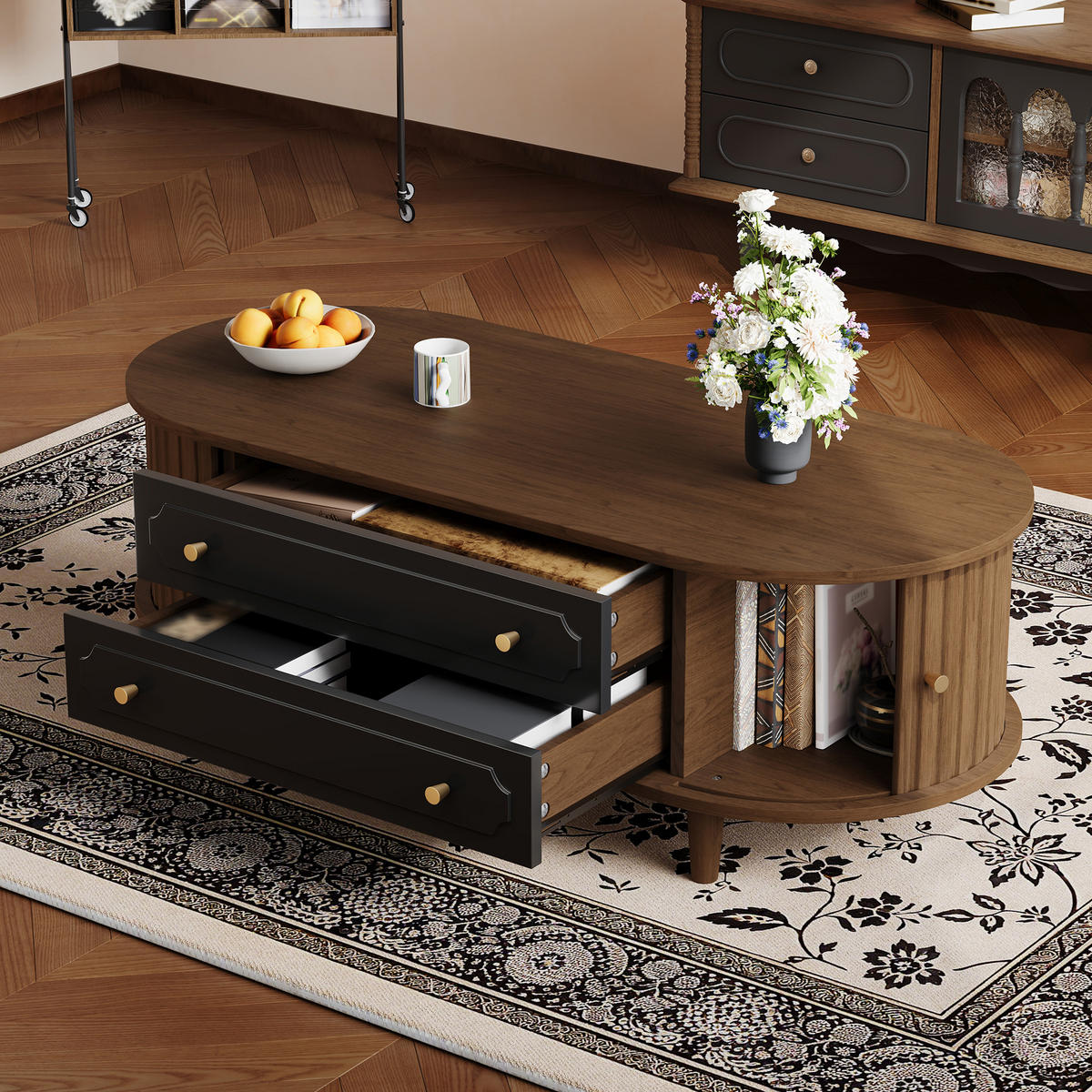 COUCHTISCH Walnuss Schwarz 2 Schubladen Rolltür 100x50x36cm - Walnussfarben, Holzwerkstoff (100/50/36cm) - FLIEKS