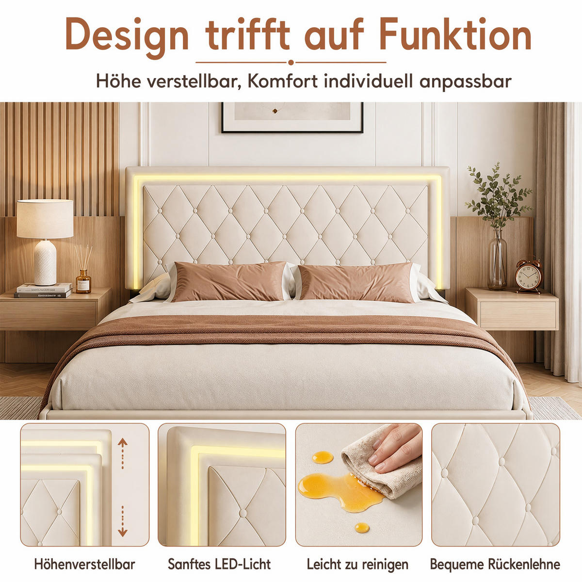 POLSTERBETT 140x200 mit RGB-LED, doppelbett mit 4 Schublade, Stauraum und Lattenrost, jugendbett 140x200 cm, PU, Ecru - Ecru, Leder/Holz (140/200cm) - GENKI LIVING