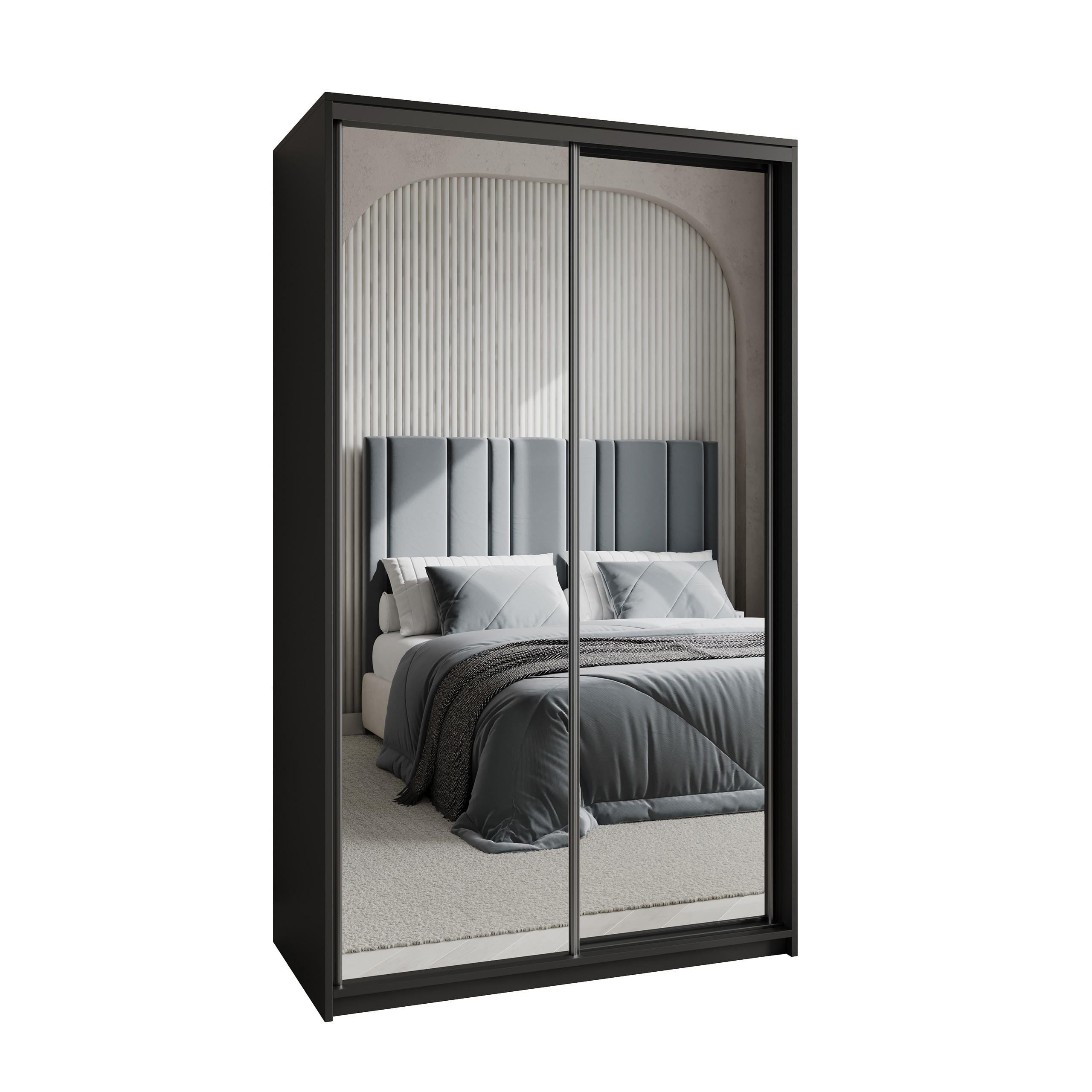 SCHWEBETÜRENSCHRANK RIEN 120/205/60 cm 2-türig mit Spiegel Schwarz - Schwarz, Holzwerkstoff (120/205/60cm) - MASSENO