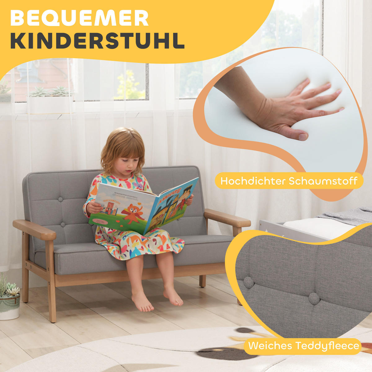 KINDERSESSEL, Kindersofa mit Holzrahmen, Samtoptik, gepolsterter Kinderstuhl - Naturfarben/Grau, Holz/Textil (42/48/77cm) - AIYAPLAY