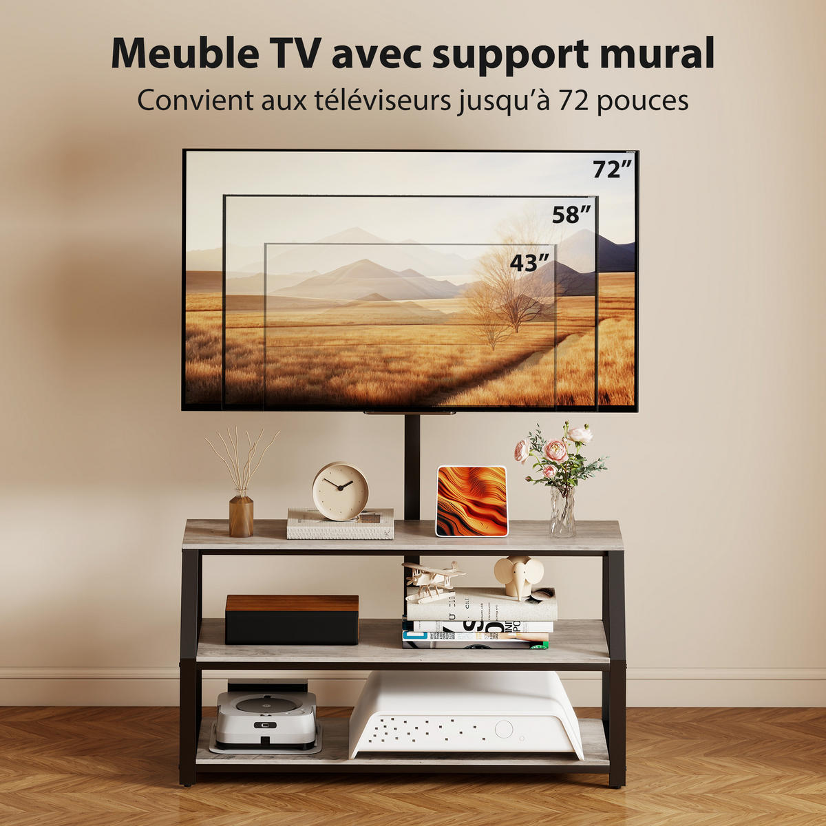 TV-BOARD Grau/Schwarz 110/43/150 cm, mit Halterung, 2 offene Fächer, Metallgestell - Grau, Holzwerkstoff (110/150/43cm) - PANGIVO