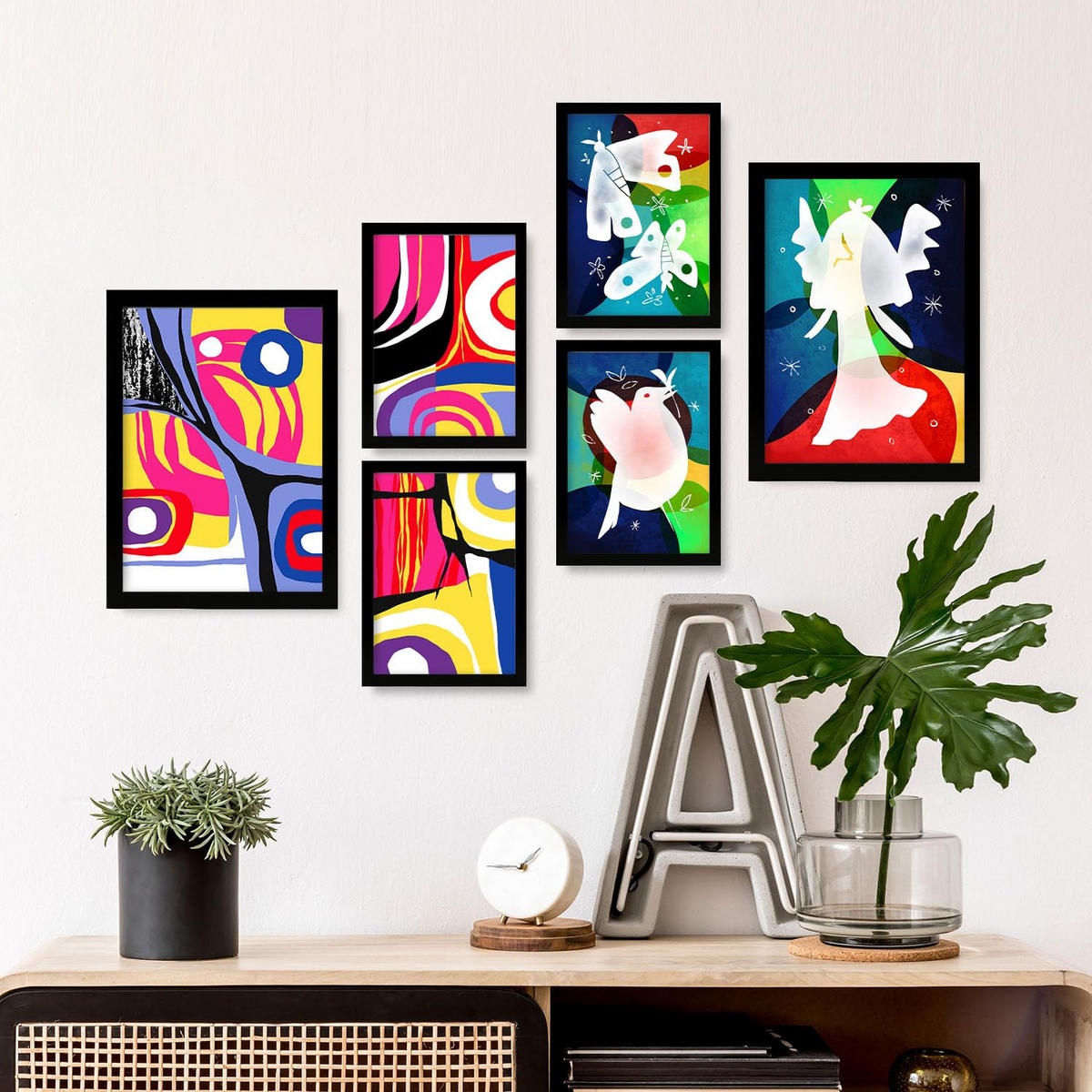 POSTER Set Mit 6 Flügel Des Friedens In Farbenfrohe Abstracts Ästhetische Dekorative Gemälde Für Ihr Wohnzimmer Zuhause A3 & A4 Schwarzer Rahmen - Schwarz, Papier (29/3cm) - Nacnic