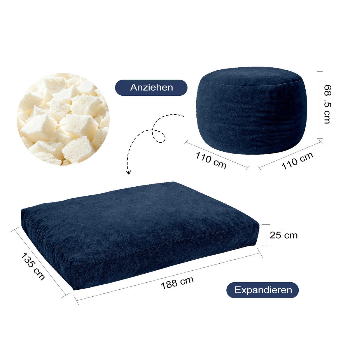 SITZSACK 2-in-1 Wandelbarer Sitzsack Sessel aus Chenille Montagefrei - Grau, Textil (110/70/110cm) - Urban Meuble