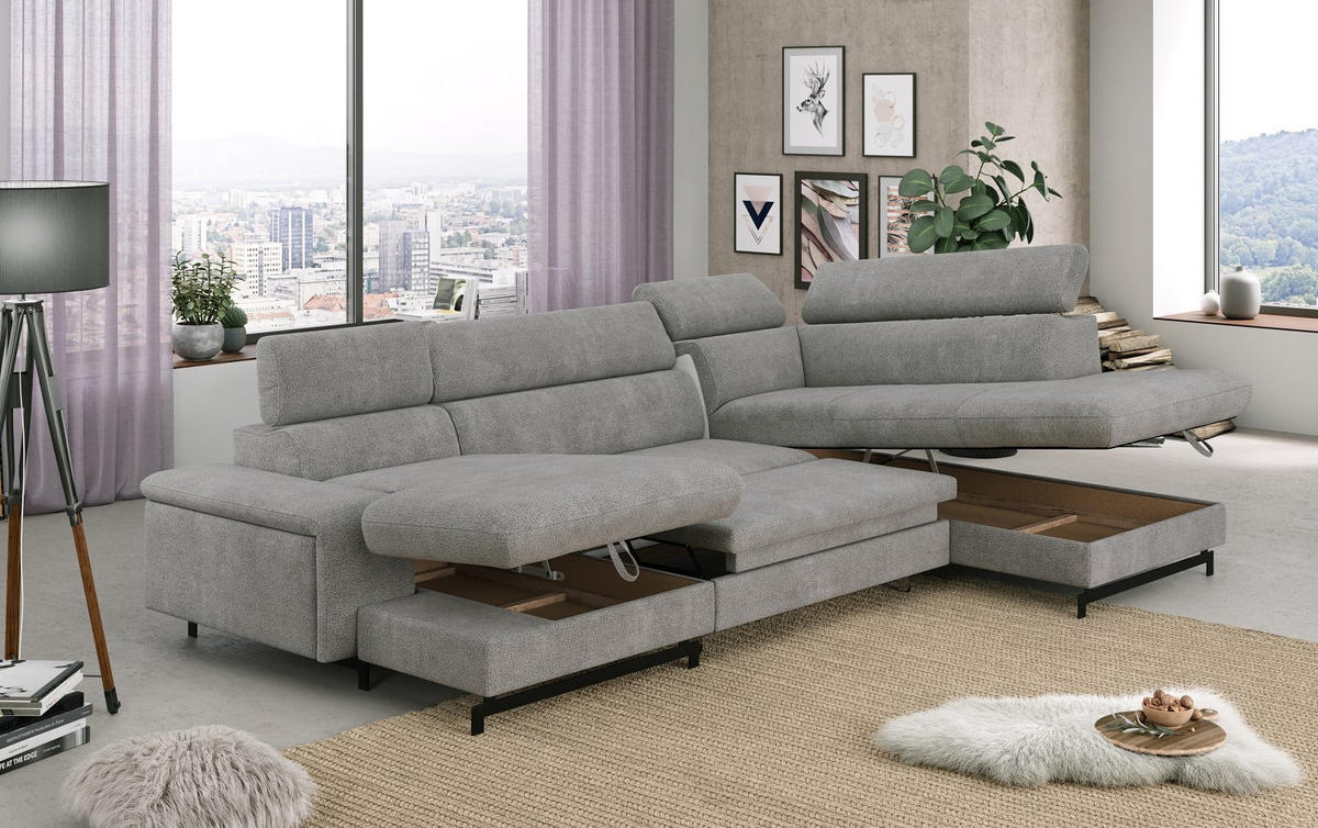 WOHNLANDSCHAFT mit Schlaffunktion und Bettkasten, Orlando-Stoff - Silberfarben/Schwarz, Kunststoff/Textil (215/81/328cm) - Cotta