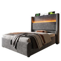 POLSTERBETT 90/200 cm mit hydraulischem Bettkasten, LED-Kopfteil & USB/Type-C, grau - Grau, Textil (90/200cm) - Redom