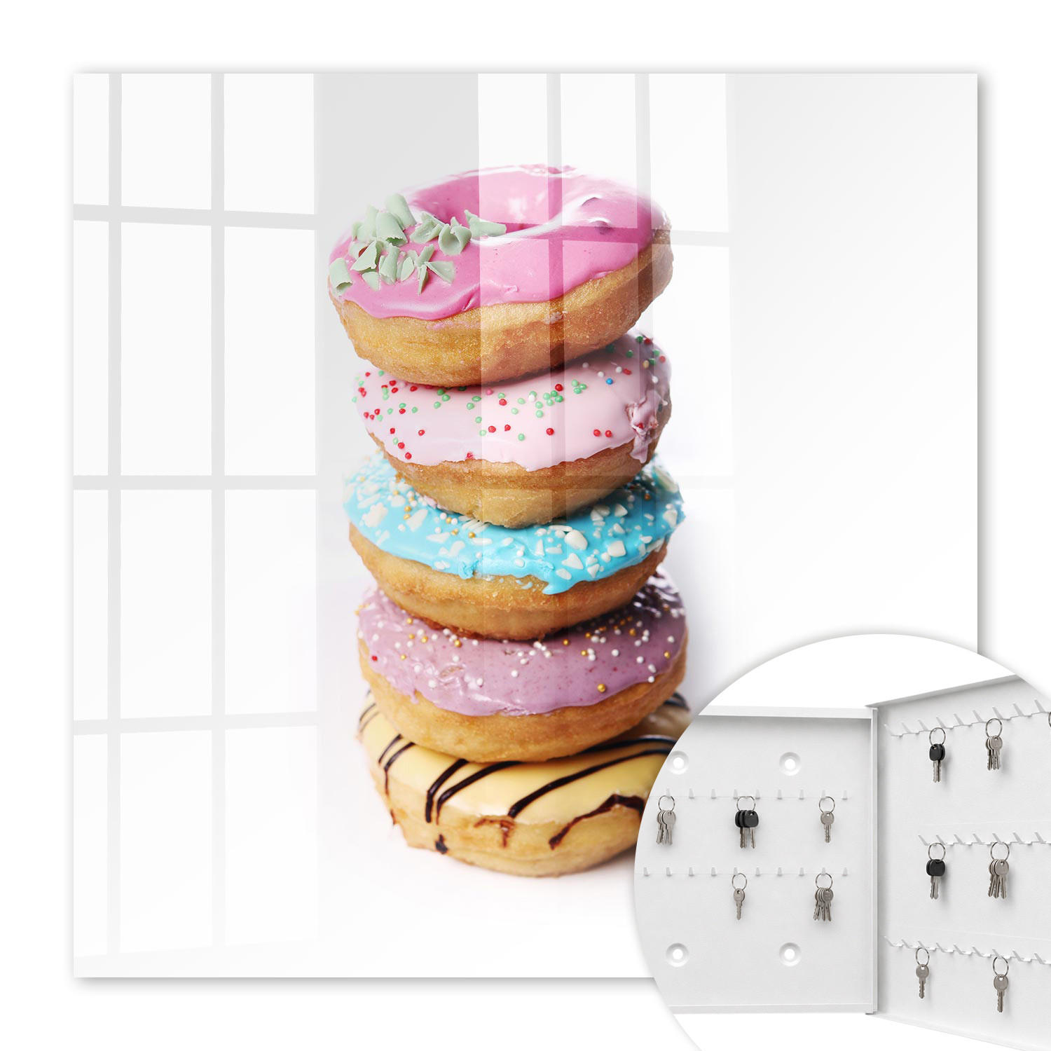 SCHLÜSSELBOX Weiß 30x30 cm – Türöffnung nach rechts - Bunte Donuts - Pink, Metall (30/30/5cm) - TULUP