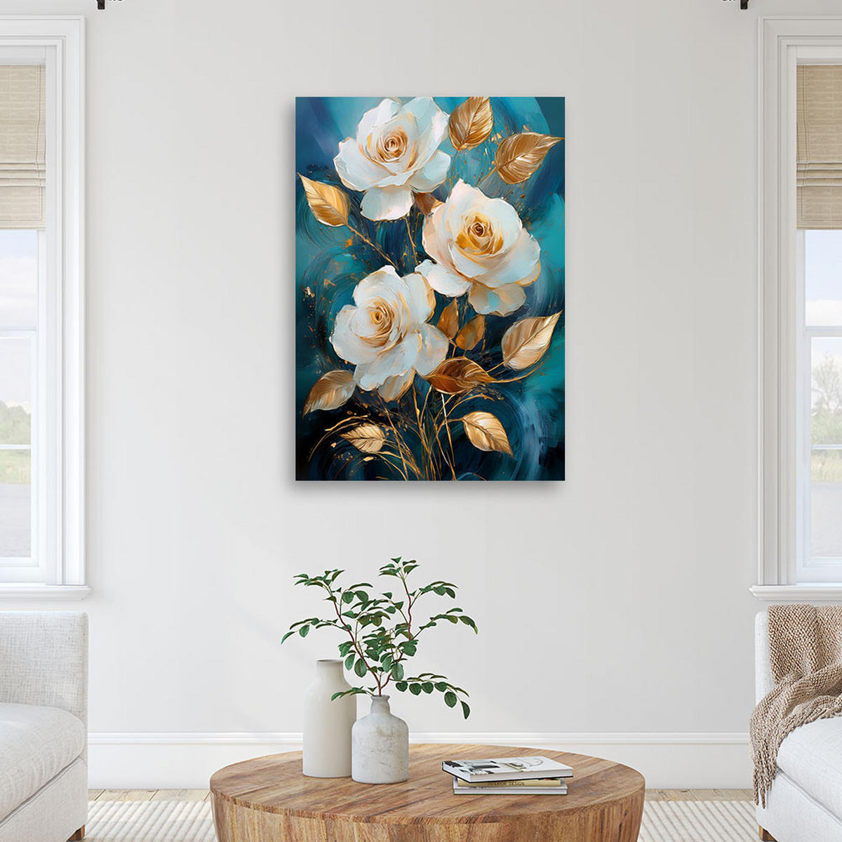 WANDBILD weiße und goldene rosenblüten auf blauem hintergrund - Türkis, Textil (70/100cm) - Feeby