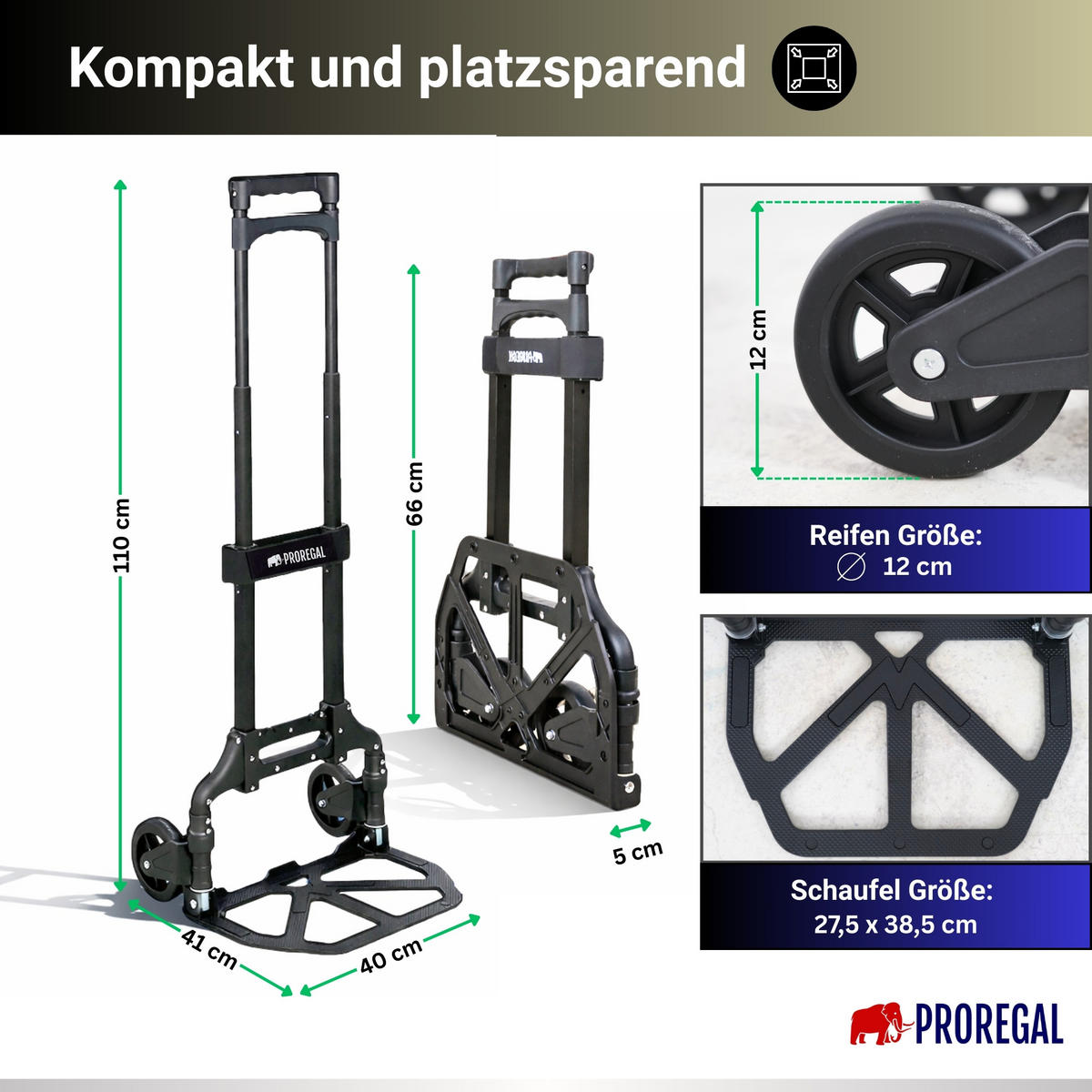 SACKKARRE Elephant klappbar 110x39x42cm Traglast 70kg AluminiumrahmenTRR Fachgummiräder Schwarz - Schwarz, Metall (42/39/110cm) - PROREGAL