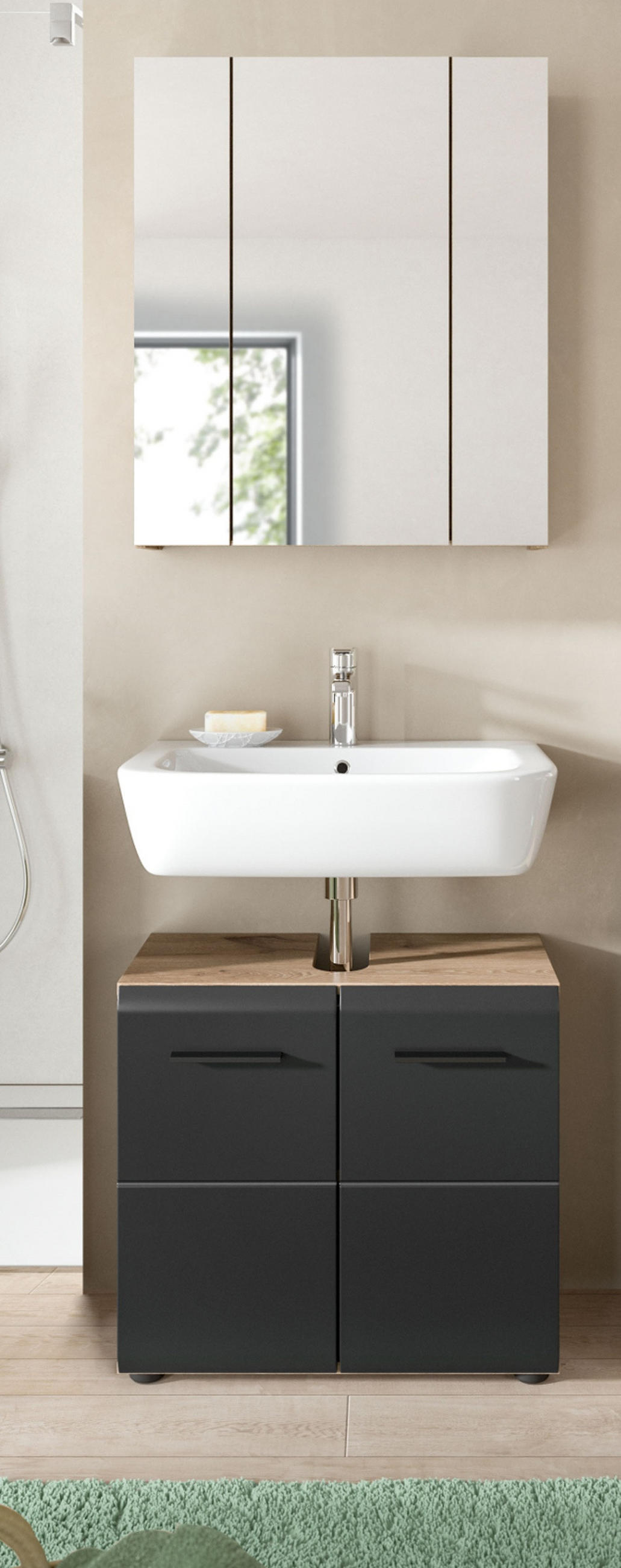 BADMÖBEL-SET 2-teilig schwarz matt, Eiche Nox, Set für Badezimmer und Gäste-WC, Breite 60 cm - Eichefarben/Schwarz, Glas/Holzwerkstoff (60/185/30cm) - Inn.Furn