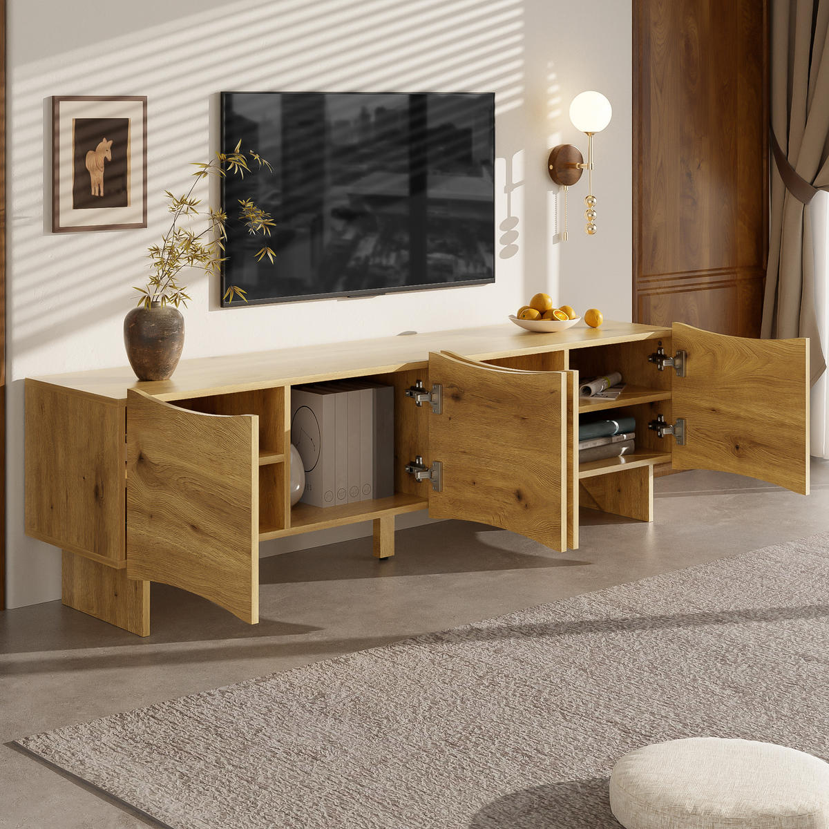 TV-SCHRANK mit Wellenmuster in Holzfarbe 155/36/47 cm - Eichefarben, Holzwerkstoff (155/47/36cm) - Redom