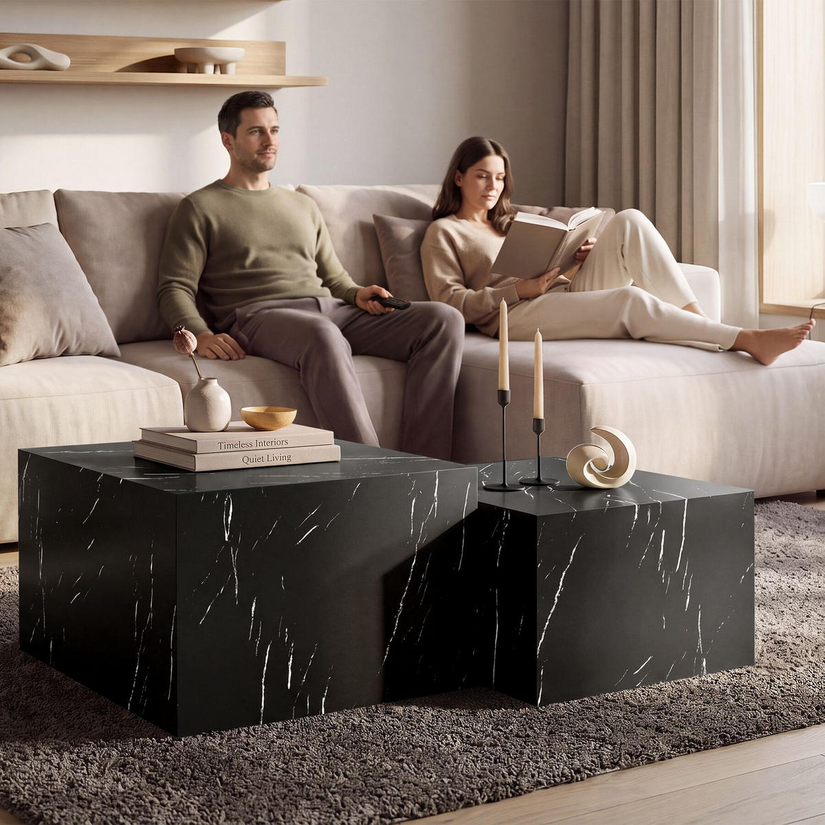 COUCHTISCH 2er Set Lacey, inkl. Filzschoner, Belastbarkeit 45 kg, Marmor Optik schwarz - Schwarz, Holz (60/60/40cm) - tectake