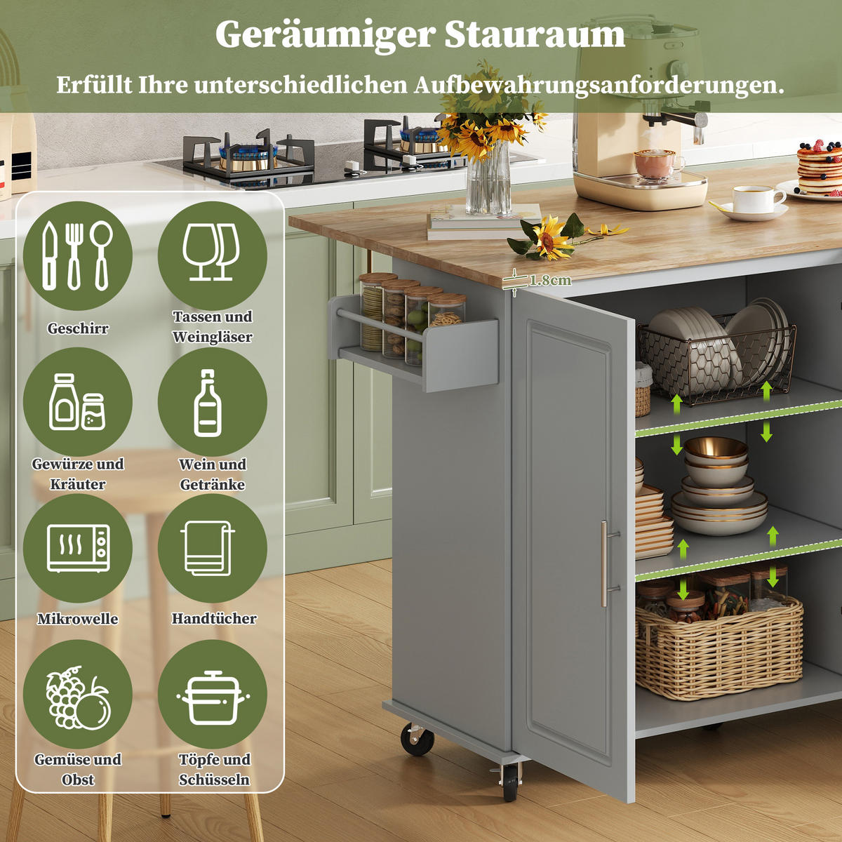 KÜCHENINSEL 137x76x92cm Grau mit Klappplatte, Schrank, 3 Schubladen & Rollen - Grau, Holzwerkstoff (137/92/76cm) - Modfu