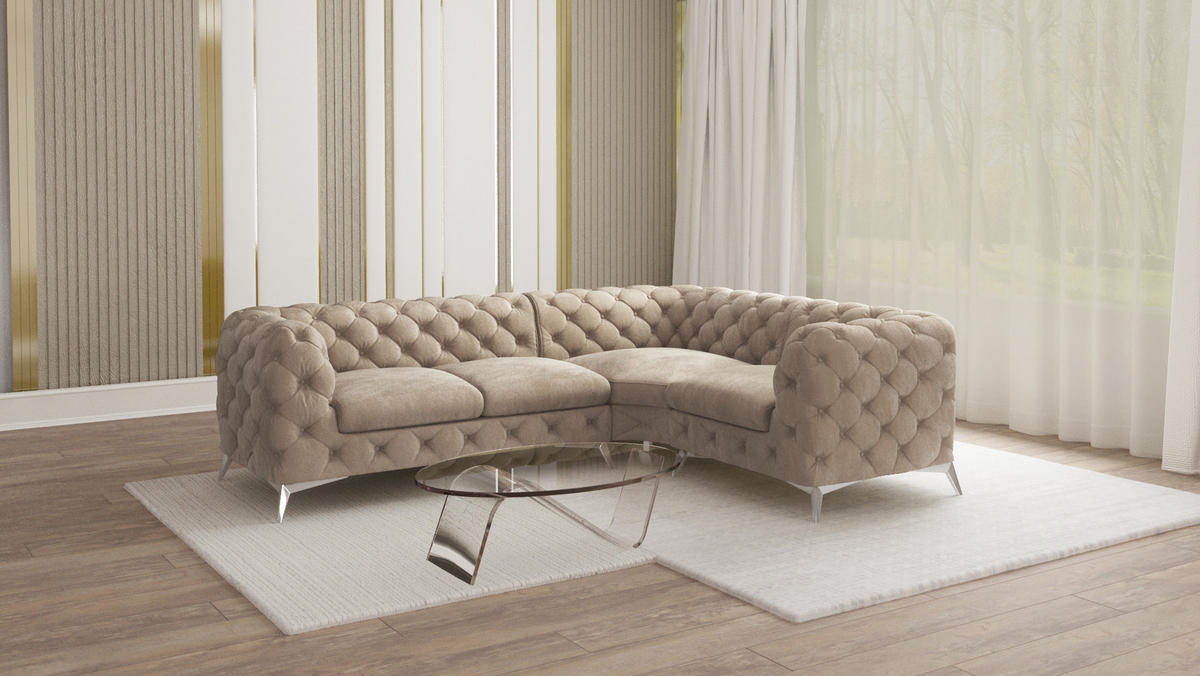 ECKSOFA Chesterfield Laura Dunkle Creme Samt, Ottomane rechts - Silberfarben/Creme, Holz/Textil (264/204cm) - S-Style Möbel