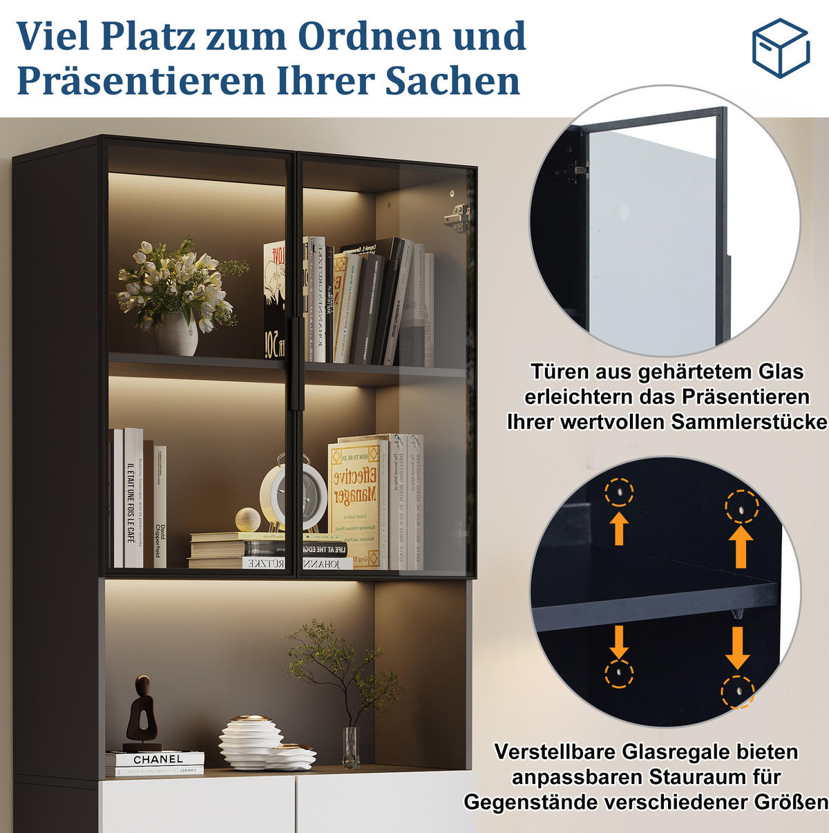 VITRINE 160/30/200 cm aus Spanplatte mit LED-Beleuchtung und Glastüren Weiß/Schwarz - Weiß, Holzwerkstoff (30/200/160cm) - Modenvie