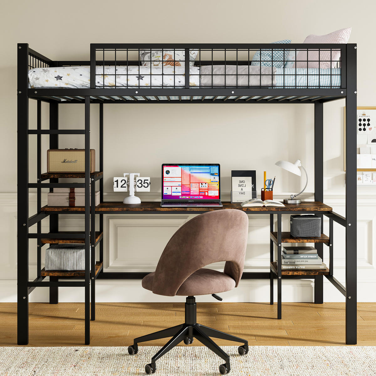 ETAGENBETT 90/200 cm in Schwarz & Dunkler Holzfarbe mit Tisch und Regal aus Metall & Holzwerkstoff - Schwarz, Holzwerkstoff/Metall (90/200cm) - CHICFURN