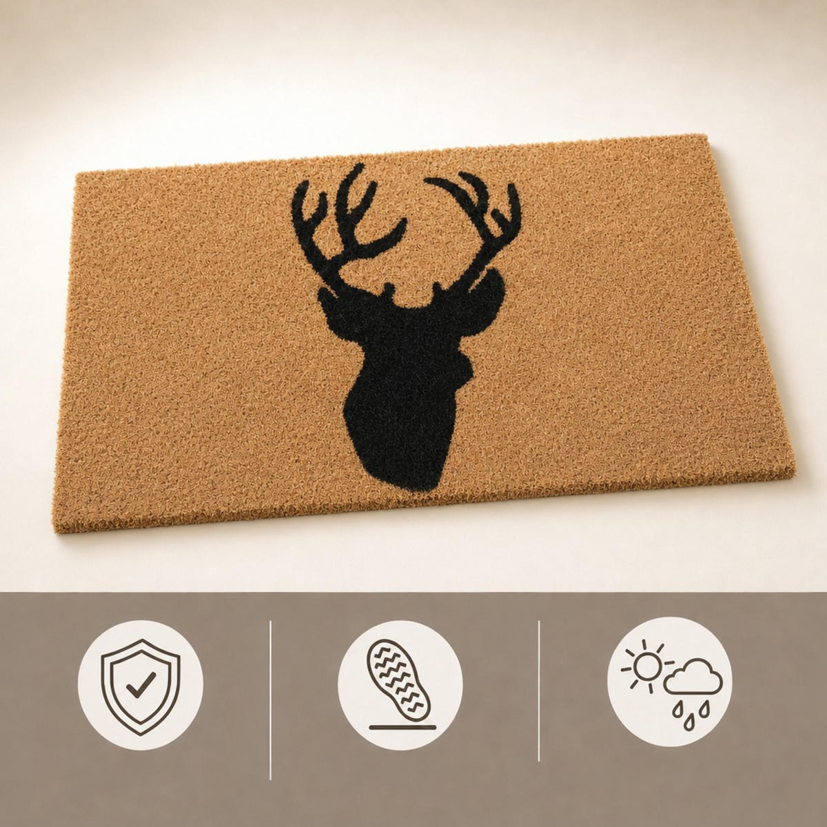 FUSSMATTE Natur Schwarz Kokos Hirsch 60x40 cm - Hellbraun, Kunststoff/Textil (60/40cm) - Relaxdays