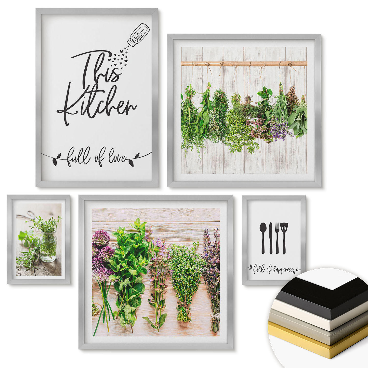 WANDBILDER 5er Set - 50x50 cm & 20x30 cm & 40x60 cm Silberner Rahmen - Küchenthema: Getrocknete Kräuter - Silberfarben, Kunststoff (40/60cm) - ArtPrintCave