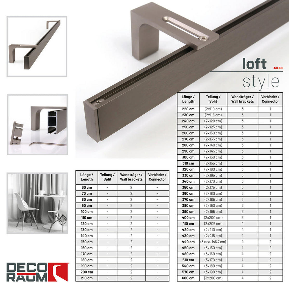 GARDINENSCHIENE 1-lauf Loft 60cm - Silberfarben, Metall (60cm) - Deco-Raum