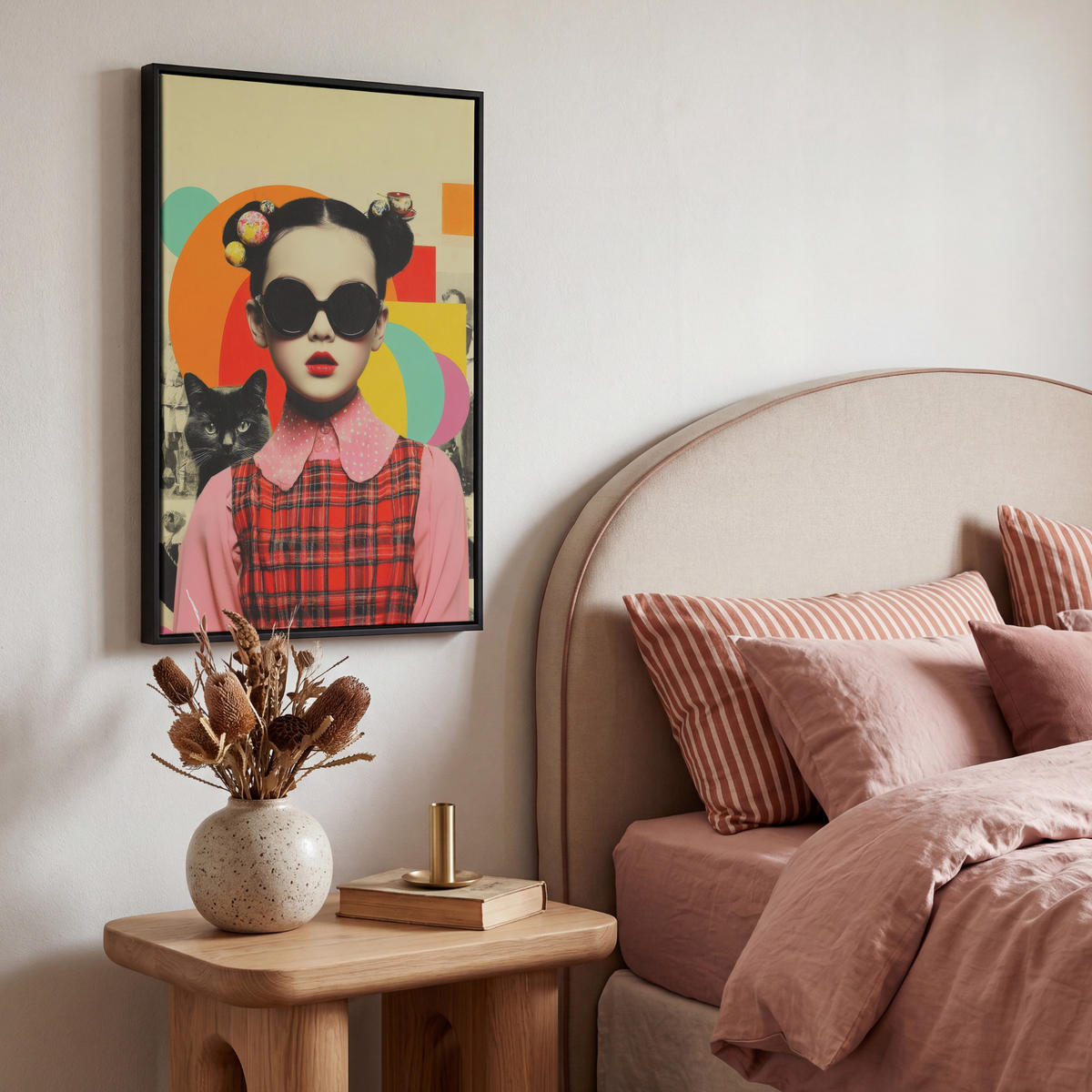 LEINWAND Bilder mit Rahmen - Mädchen - Sonnenbrille - Katze - Retro - 40x60 - Beige, Textil (40/60cm) - MuchoWow