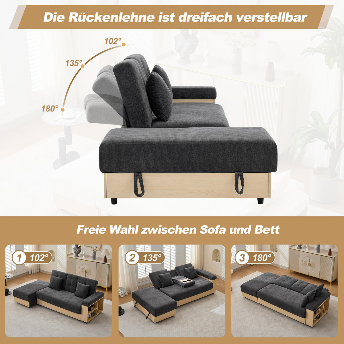WOHNLANDSCHAFT Graues Chenille‑Stoffsofa mit Multifunktions‑Stauraum und verstellbarer Rückenlehne 217 × 110 × 90 cm - Grau, Textil (217/90/110cm) - Luhomfu