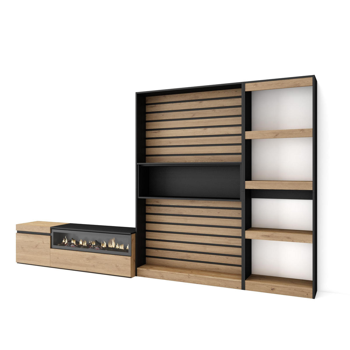 WOHNWAND Elektrokamin, eiche, schwarz, 320/35/186cm - Naturfarben, Holzwerkstoff (320/186/35cm) - Skraut Home