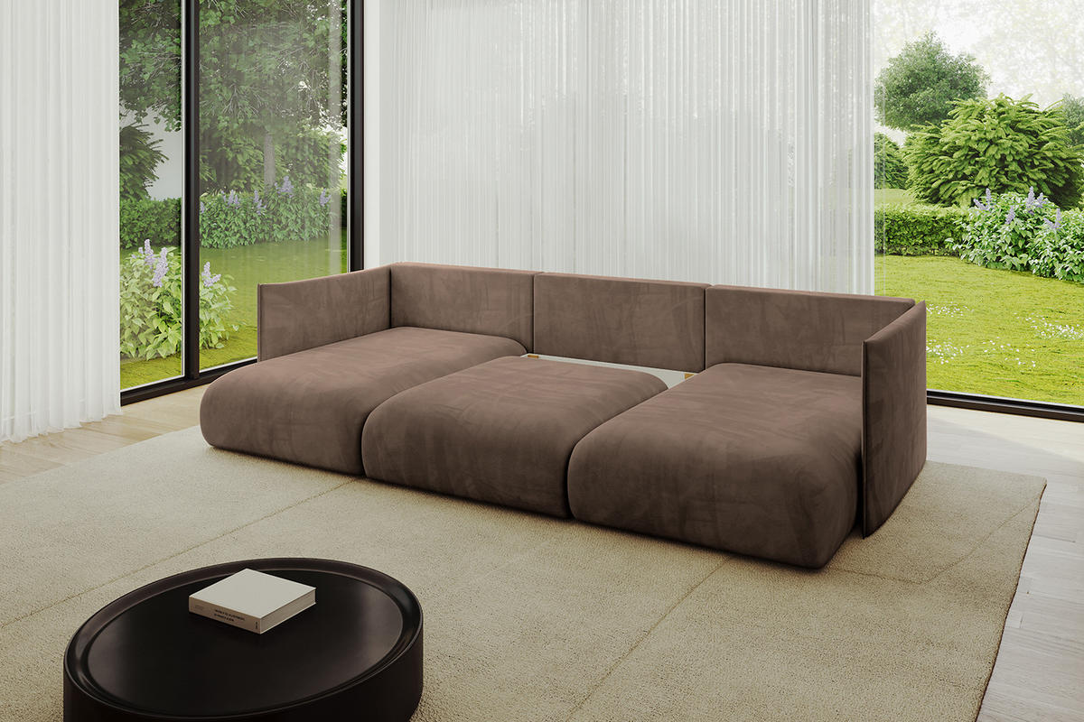 WOHNLANDSCHAFT mit Schlaffunktion und Bettkasten ONESK-U 304x165x40 Braun Velours - Braun, Holzwerkstoff/Kunststoff (304/90/165cm) - ALTDECOR