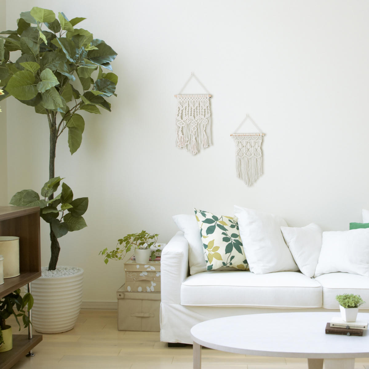 2-DIELNY makramé záves na stenu - krémová, drevo/textil (30/1.5cm) - Relaxdays