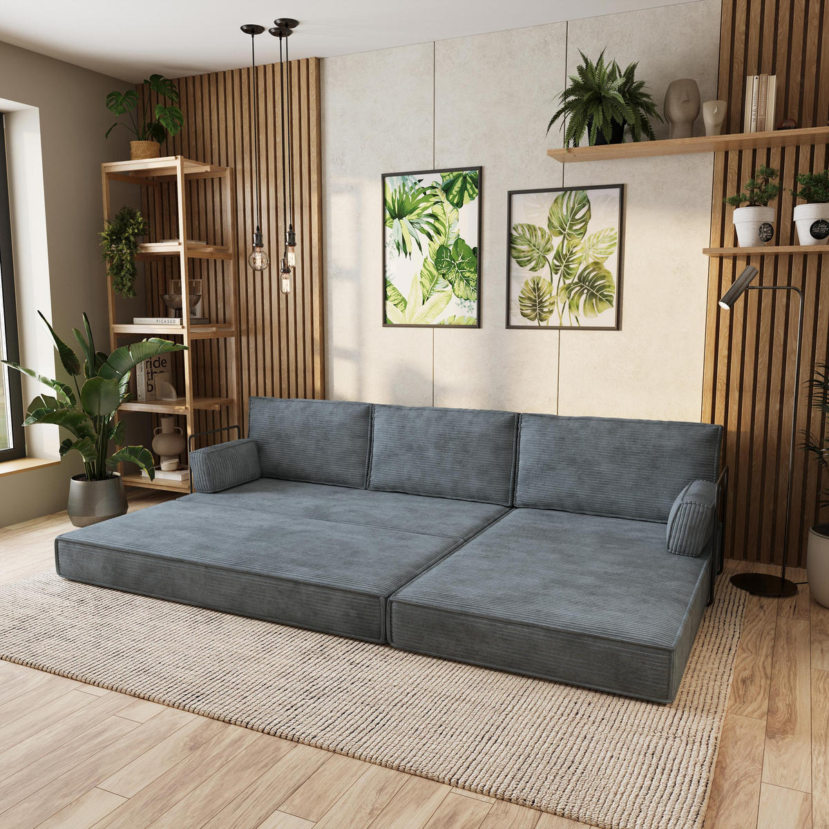 ECKSOFA ANKO modulares Boneless Sofa mit Schlaffunktion Grau Kordstoff - Grau, Textil (270/160cm) - MASSENO