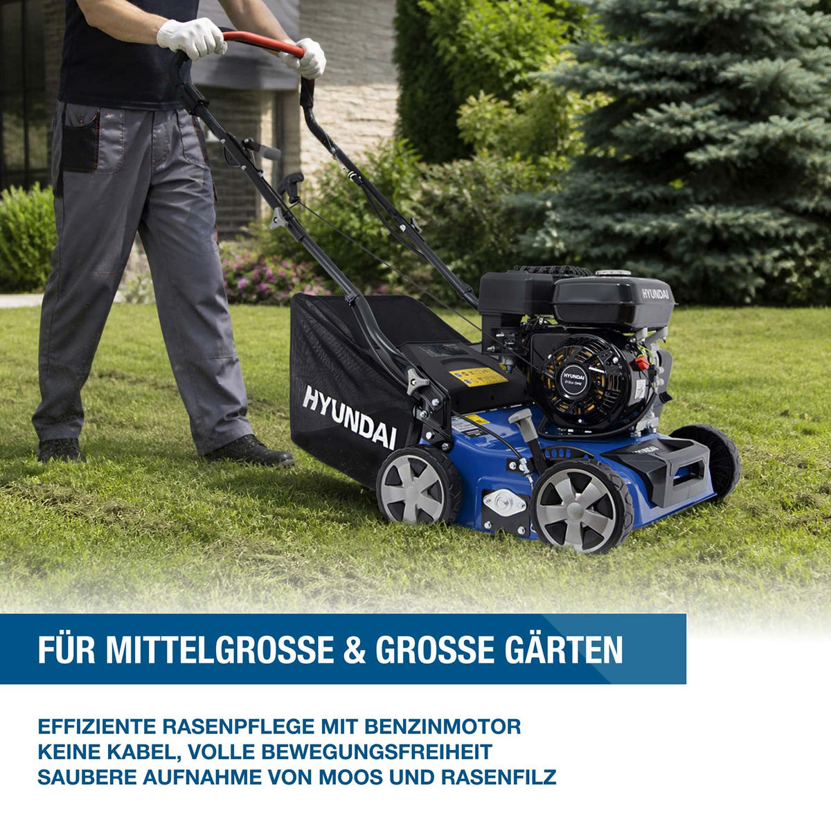 BENZIN-VERTIKUTIERER Lüfter SC4002G Rasenlüfter Moosentferner (40 cm, 5.6 PS, 40L Fangkorb) - Blau, Metall (58.5/111/115cm) - HYUNDAI