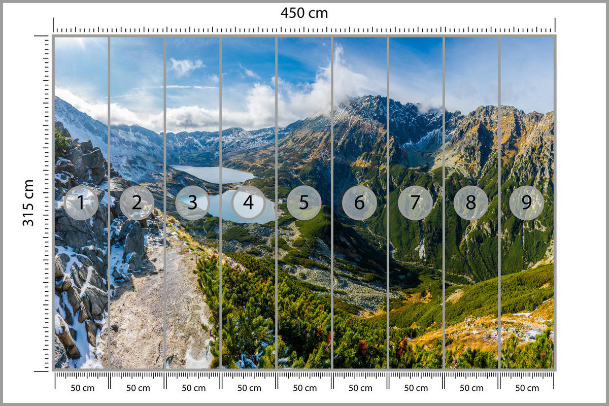 FOTOTAPETE für Wohnzimmer Tal der Fünf Polnischen Seen Gebirge 450x315 - Blau/Gelb, Papier (450/315cm) - Muralo
