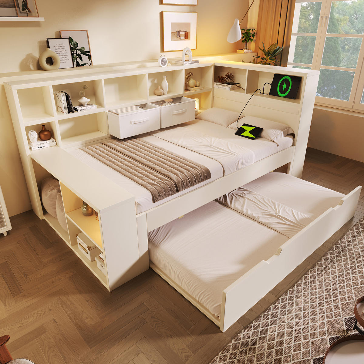 STAURAUMBETT 90x200 Weiß Ausziehbett USB Stauraum - Weiß, Holz (90/200cm) - FLIEKS
