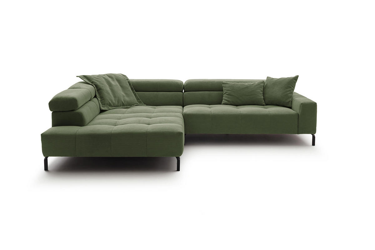 ECKSOFA MIT MOTORISCHEM SITZVORZUG OHIO Grün Cord - Schwarz/Grün, Textil/Metall (311/219cm) - KAWOLA
