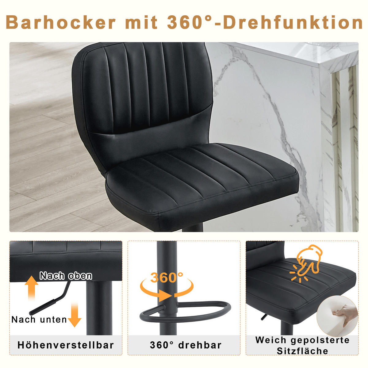BARHOCKER Schwarz 2er-Set höhenverstellbar mit Rückenlehne und Fußstütze - Schwarz, Metall (52/93/45cm) - PANGIVO