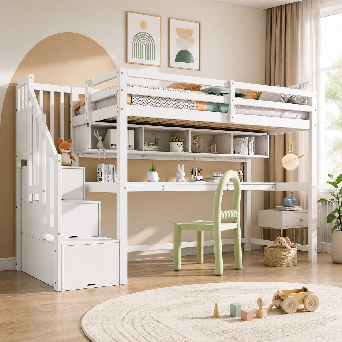 HOCHBETT 90/200 mit Stauraumtreppe, Schreibtisch und Regalen in Weiß - Weiß, Holz (90/200cm) - EVRYAE