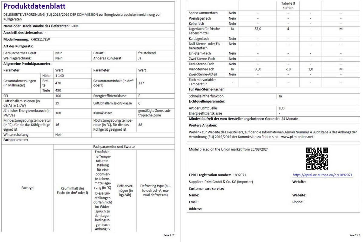 KÜHLGEFRIERKOMBINATION KHKG117EW mit Gefrierfach 117 L – 39 dB, LED, Weiß - Weiß, Kunststoff (51.5/117/54.5cm) - PKM