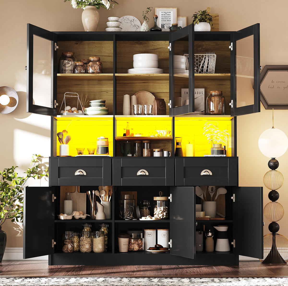 BUFFETSCHRANK 140/40/175 cm schwarz aus MDF mit LED-Beleuchtung - Schwarz, Holzwerkstoff (140/175/40cm) - OKWISH