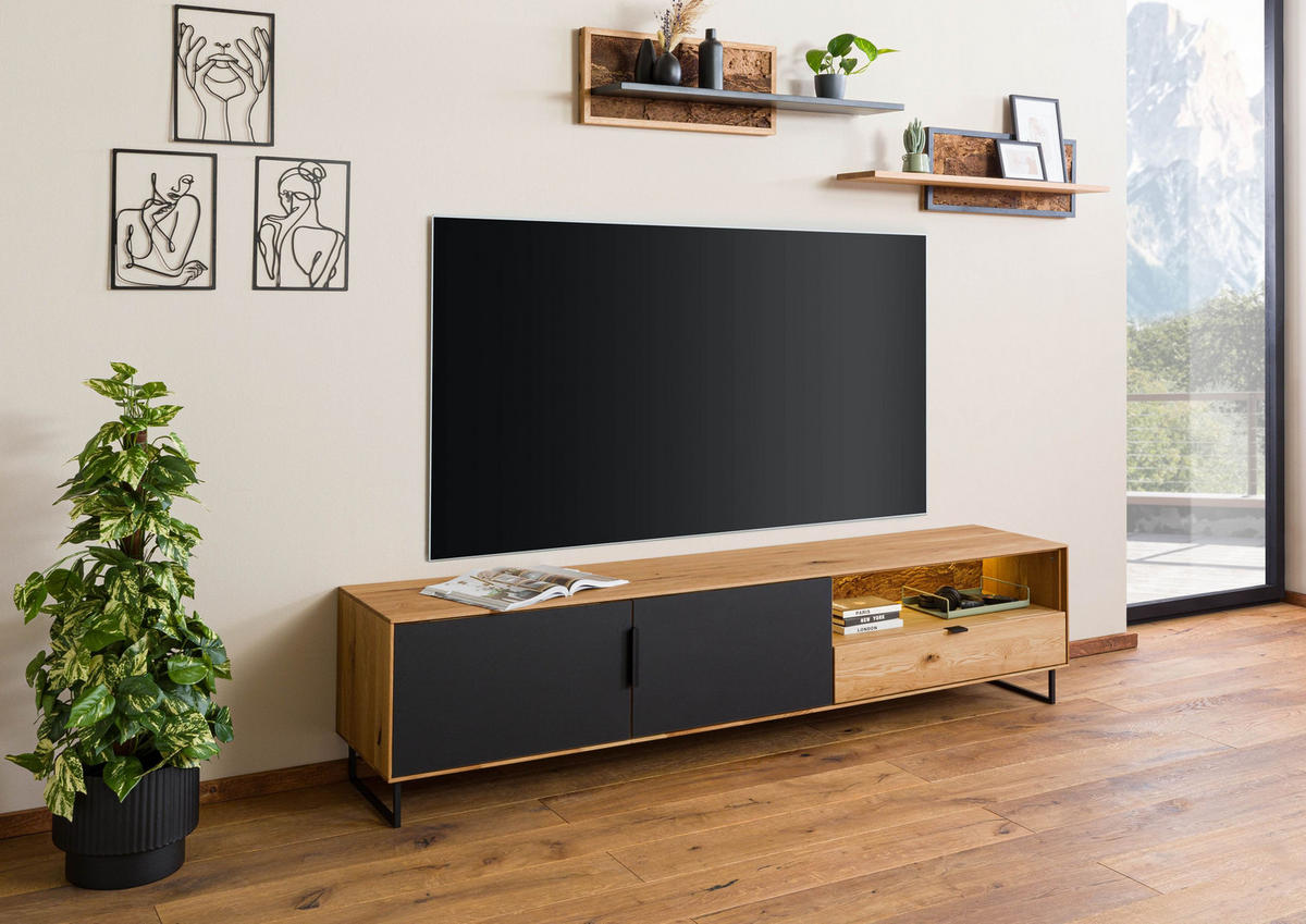 LOWBOARD Wildeiche mit Glastür 220x43x51 natur geölt LINDAU #126 - Schwarz/Naturfarben, Holz (220/51/43cm) - Massivmoebel24