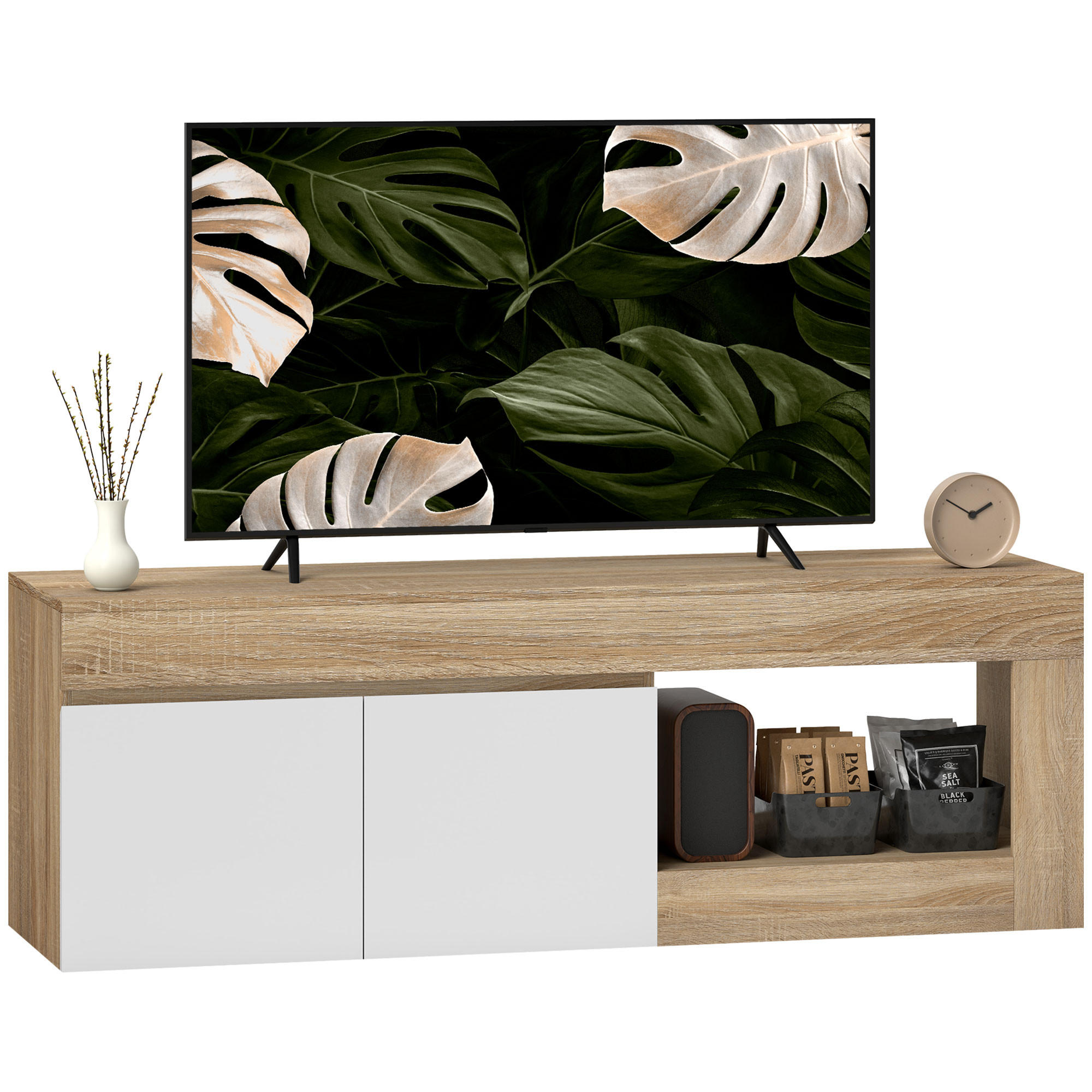 LOWBOARD Weiß/Natur 140/40/48 cm, 2 Türen, Soft-Close-Scharniere - Naturfarben, Holzwerkstoff (140/48/40cm) - PANGIVO