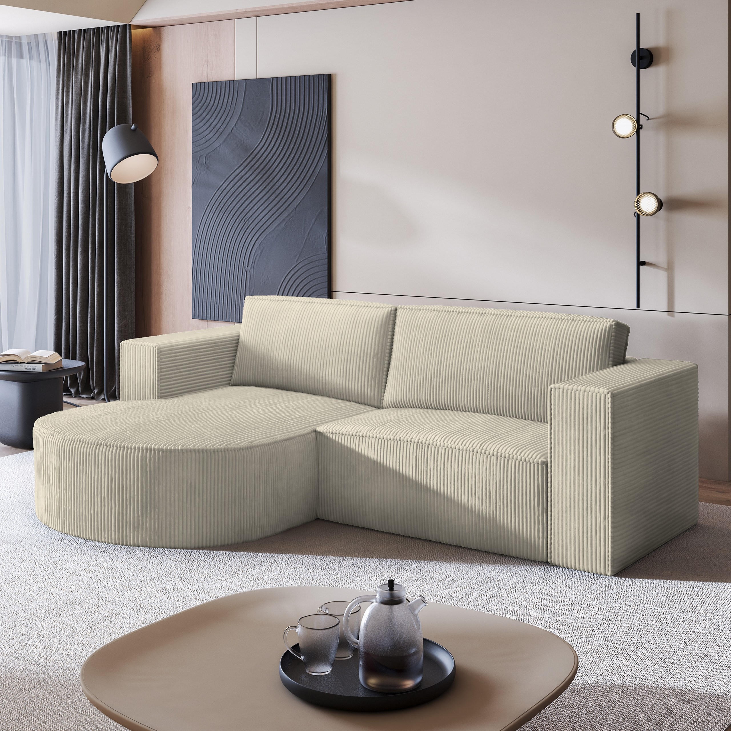 ECKSOFA SORELA P L-S Creme Kordstoff mit Schlaffunktion - Creme, Holz (263/174cm) - MASSENO