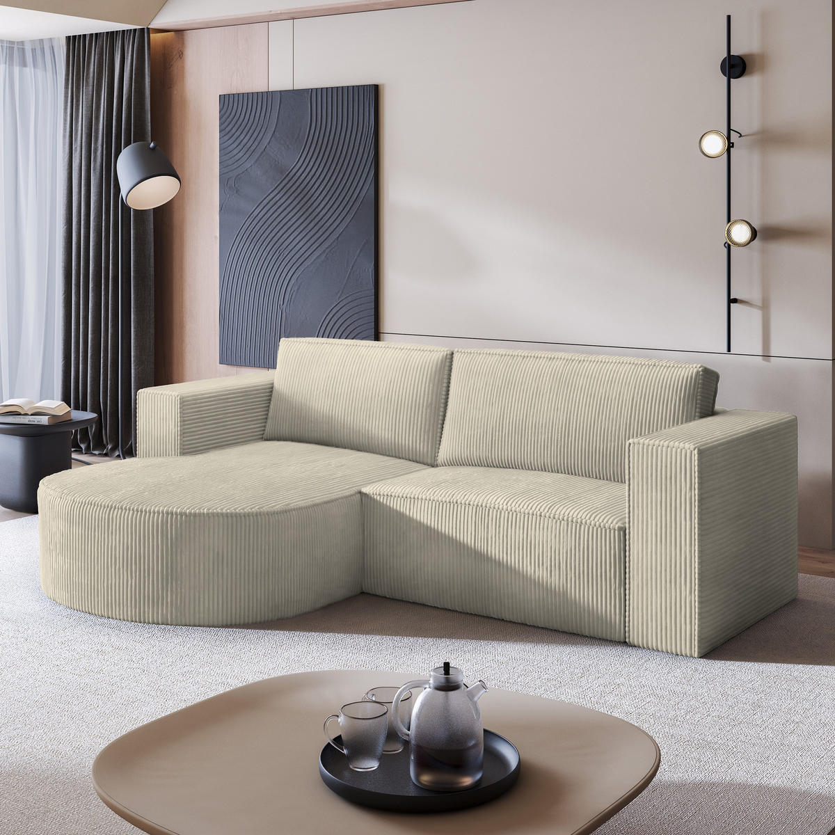 ECKSOFA SORELA P L-S Creme Kordstoff mit Schlaffunktion - Creme, Holz (263/174cm) - MASSENO