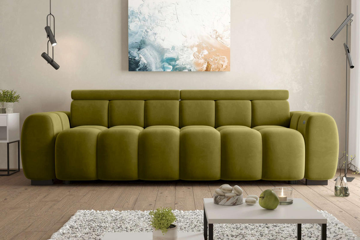 BIGSOFA ALESSIO Velours Olivgrün mit elektrischer Sitztiefenverstellung - Olivgrün, Kunststoff/Textil (248/77/108cm) - 99rooms